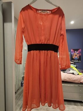 Women's Coral Long-Sleeve Chiffon Dress with Black Waistband